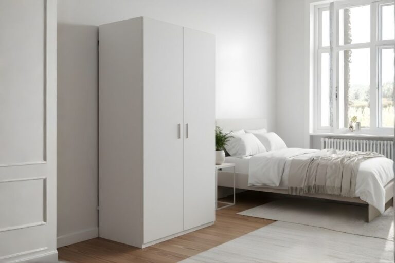 Fully assembled wardrobe securely anchored to the wall in a clean bedroom.