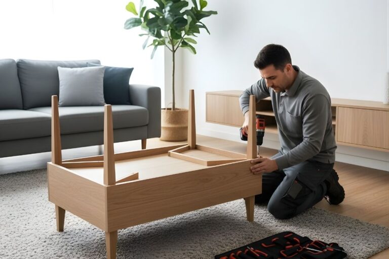 Handyman assembling a modern coffee table and TV console in a residential living room.