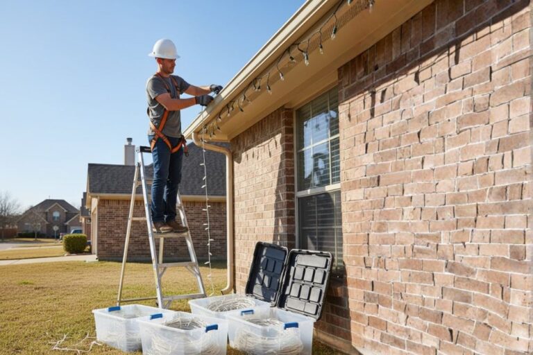Holiday Lighting-A handyman carefully removing and organizing holiday lights after the season.