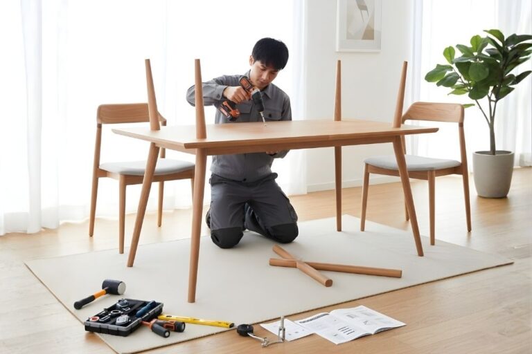 Handyman assembling a modern dining table and chairs in a bright residential dining room.