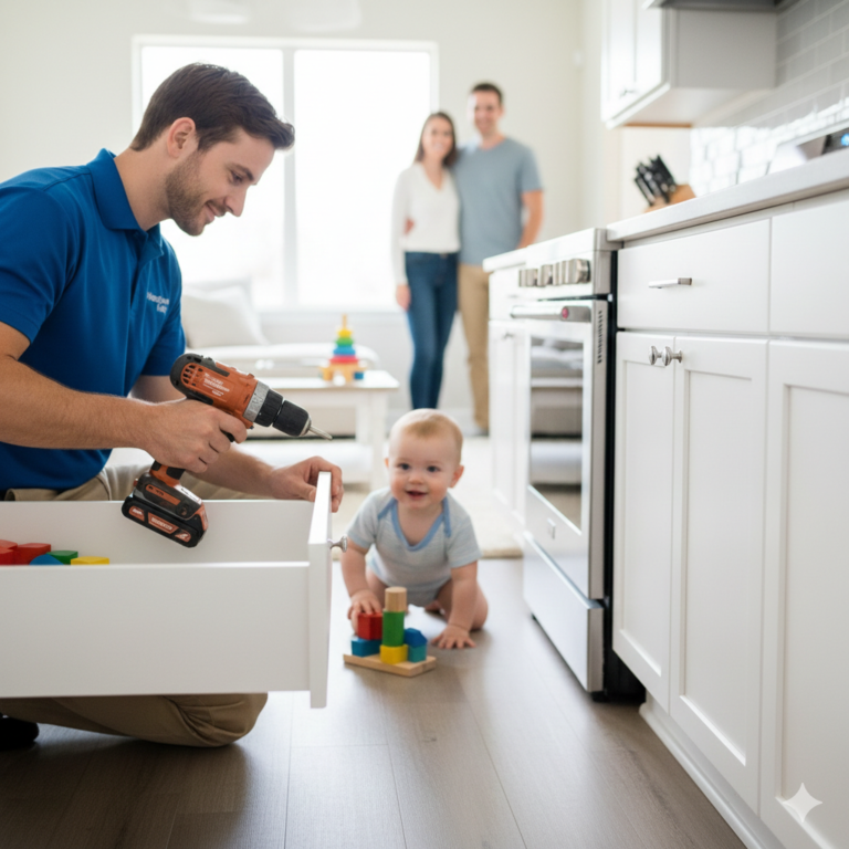 Installing cabinet and drawer safety locks for babyproofing
