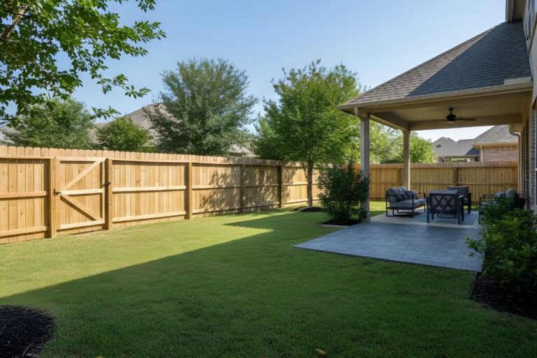 Residential backyard with fence and patio in Cinco Ranch, Katy, Texas.
