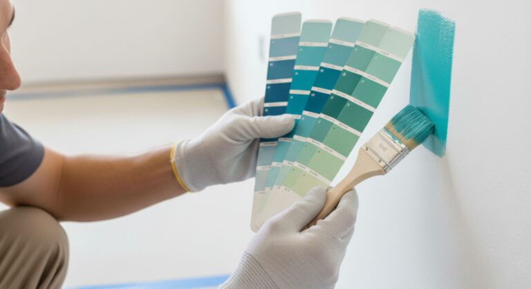 Paint swatches and samples showing precise color matching for a residential home in Katy, Texas.