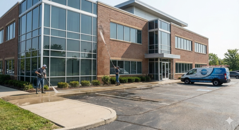Commercial pressure washing team performing exterior maintenance on a large brick office building.