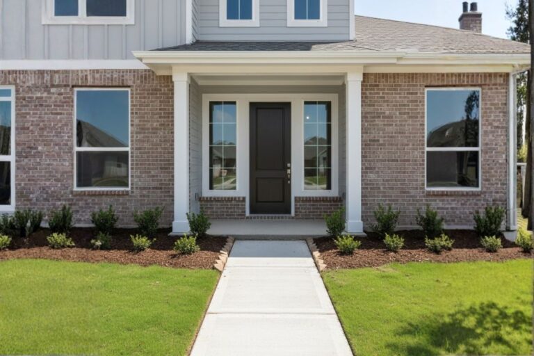 Front entryway with properly aligned door and neat landscaping in Elyson, Katy, Texas.