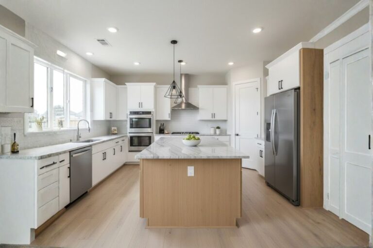 Contemporary kitchen interior with modern cabinets and appliances in Elyson, Katy, Texas.