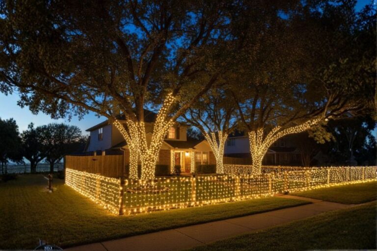Holiday Lighting-Trees and a fence decorated with professionally installed holiday lights in a front yard.
