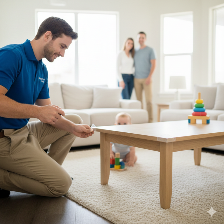Babyproofing sharp furniture corners with safety pads