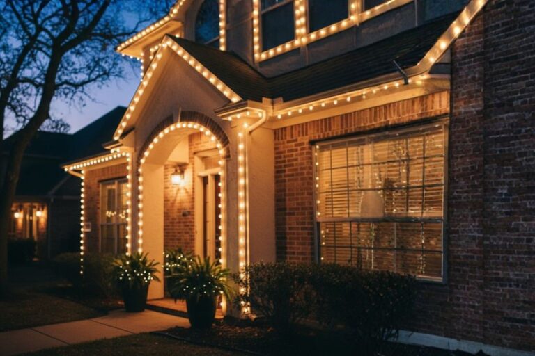 Holiday lights installed around windows and a front porch creating a warm festive glow.