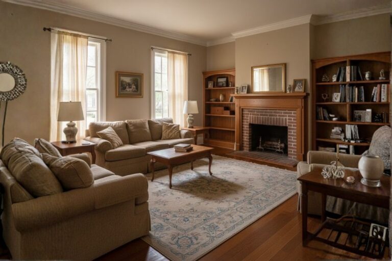 Traditional living room interior inside an older home in Old Katy, Texas.