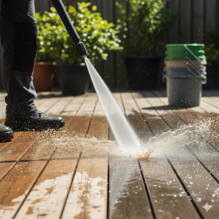A high-pressure water stream cleaning dark grime off wooden deck planks. Deck and Patio Care