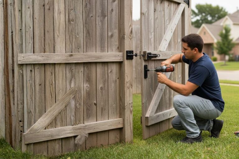 Fence and Gate Repair-Properly aligned wooden fence gate after repair.