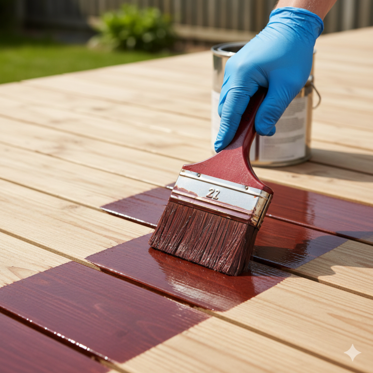 A gloved hand using a wide brush to apply a rich mahogany-colored stain to a clean wooden deck. Deck and Patio Care
