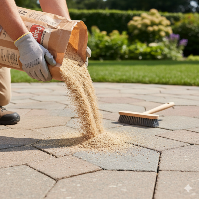 Pouring tan polymeric joint sand from a bag onto stone pavers to fill the gaps. Deck and Patio Care