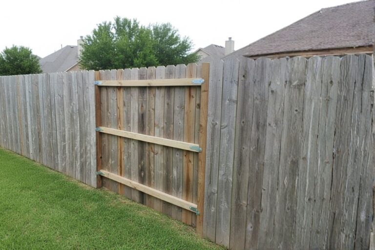 Fence and Gate Repair-Reinforced wooden fence section repaired for stability and durability in a Katy, Texas backyard.