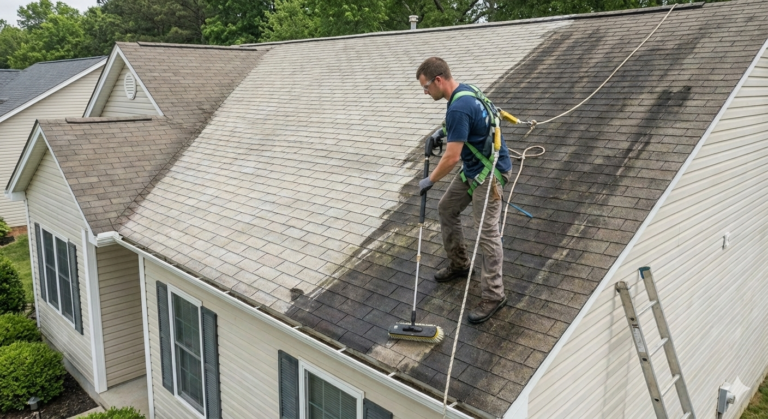 Professional roof pressure washing using a soft wash method to eliminate black algae streaks on shingles.