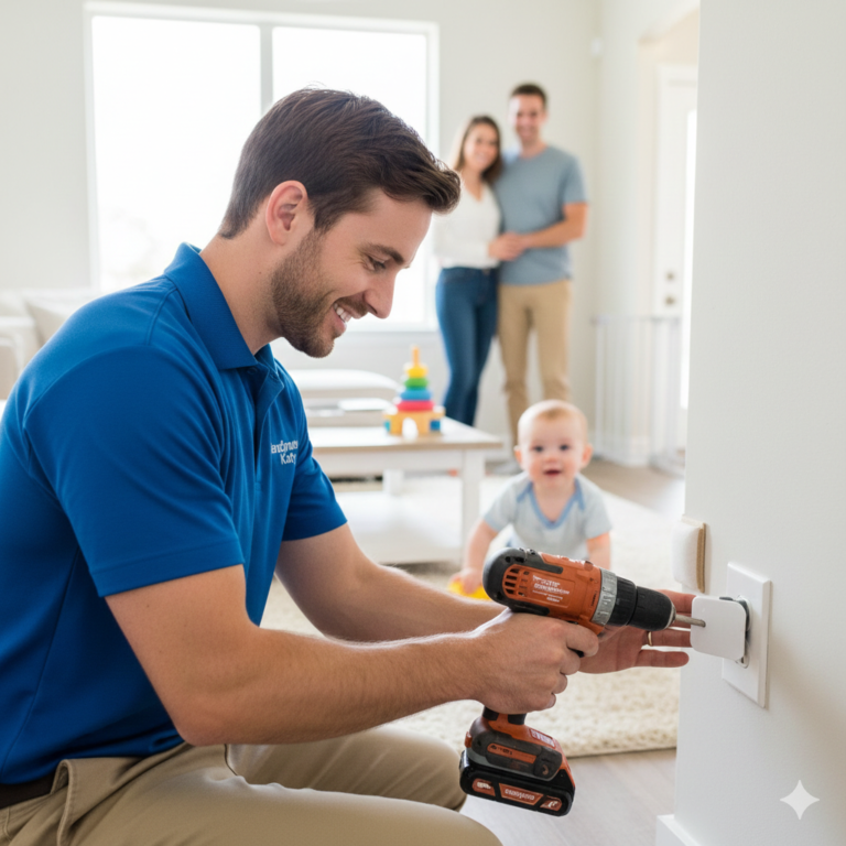 Babyproofing electrical outlets with safety covers installed by Handyman Katy