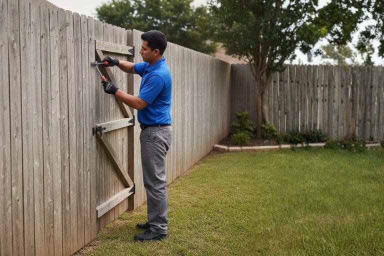 Fence and Gate Repair-Handyman repairing a sagging wooden gate at a residential property in Katy, Texas.