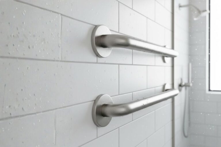 Senior Home Safety-Close-up of shower safety bars securely installed in a bathroom in Katy, Texas.