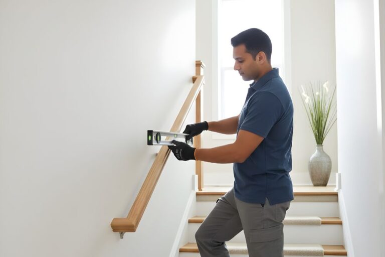 Senior Home Safety-Handyman installing a stair handrail