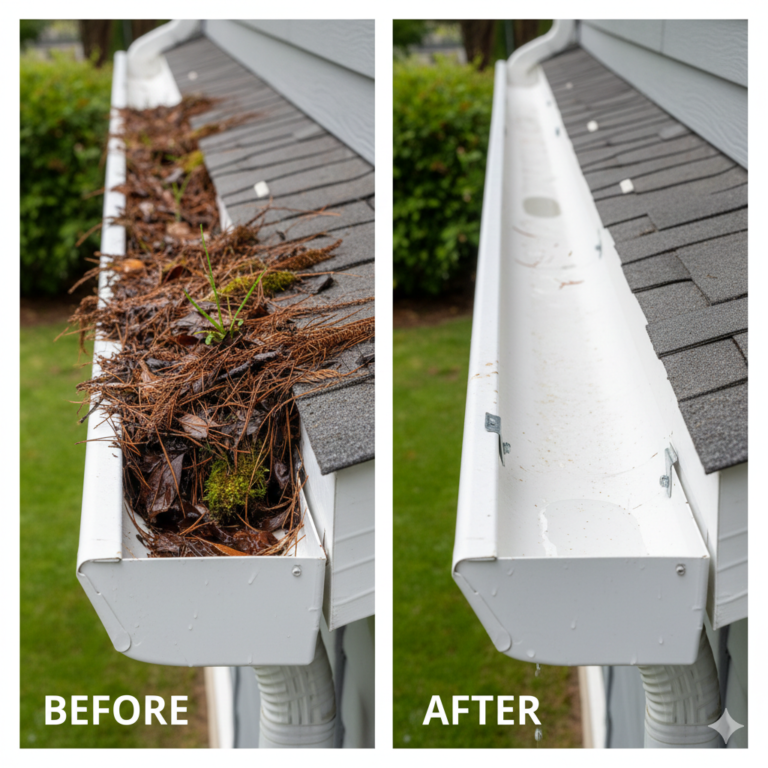 Before and after comparison of a house gutter after receiving expert gutter maintenance.