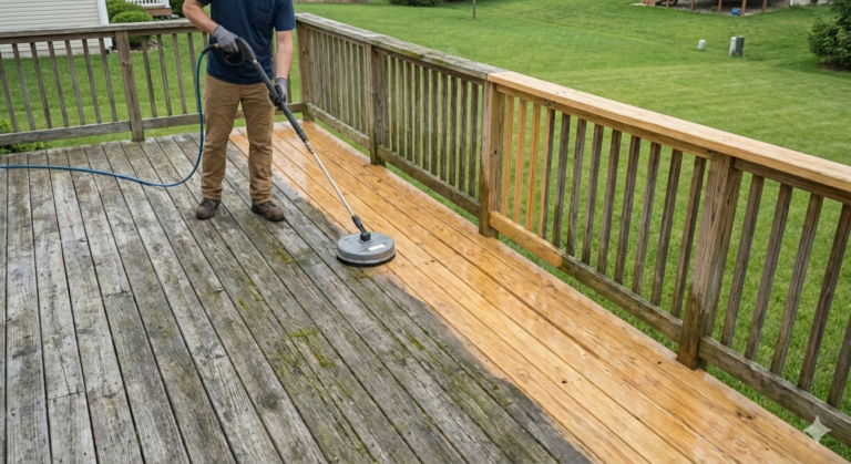 Wood deck restoration using professional pressure washing to remove oxidation and reveal natural wood grain.