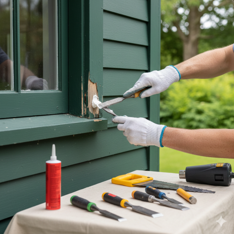 Close-up of Wood Rot Repair replacing damaged wooden trim on a house exterior