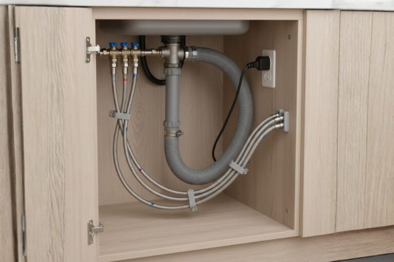 Professional appliance water, drain, and electrical hookups properly connected in a Katy, Texas kitchen.