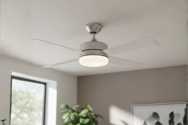 Close-up view of a modern ceiling fan showing blades and light fixture details.