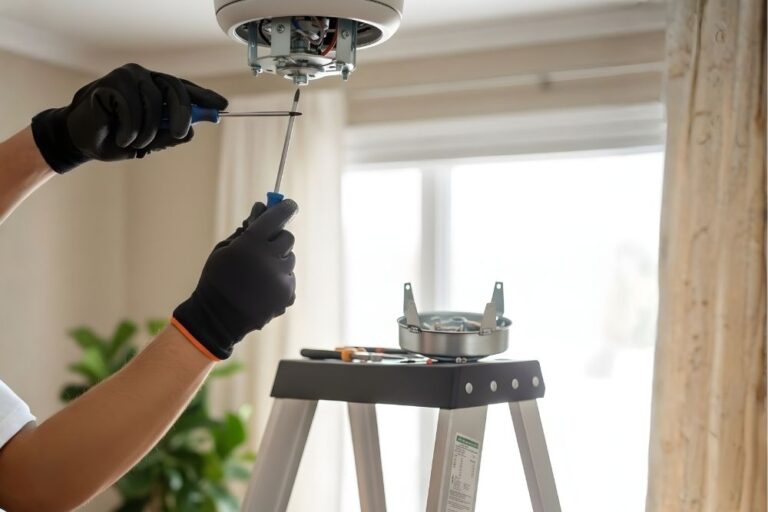Handyman using tools to install a ceiling fan in a residential home in Katy, Texas.