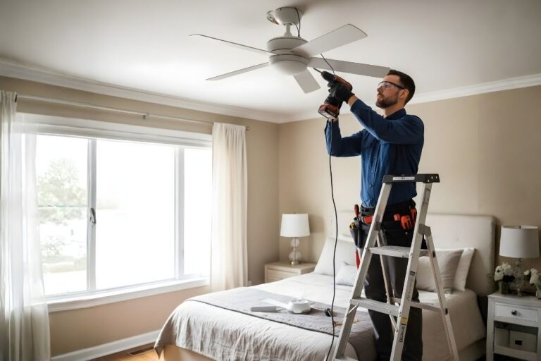 Handyman converting a ceiling fan to include a light fixture in a Katy, Texas home.