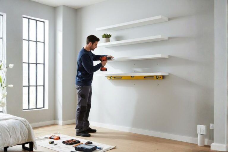 Mounting Services-Professionally installed floating shelves on a wall in a Katy, Texas home.