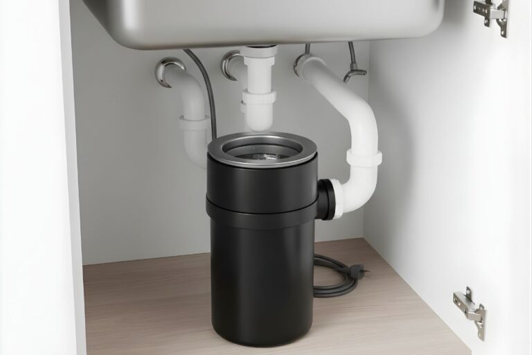 Handyman installing a garbage disposal under a kitchen sink in a Katy, Texas home.