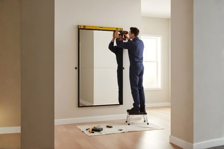 Mounting Services-Fully mounted heavy mirror on a hallway wall in a Katy, Texas home.