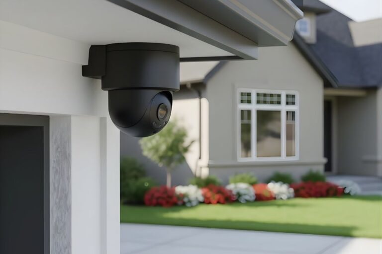 Home security camera professionally installed on the exterior of a residential property in Katy, Texas.