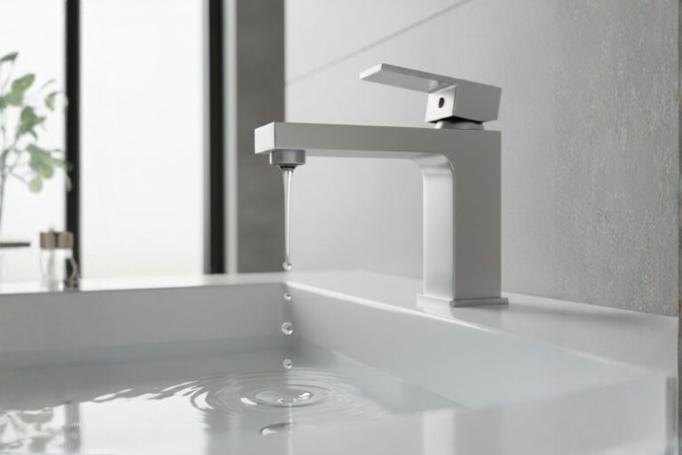 Close-up of a leaky faucet showing dripping water in a residential kitchen or bathroom.