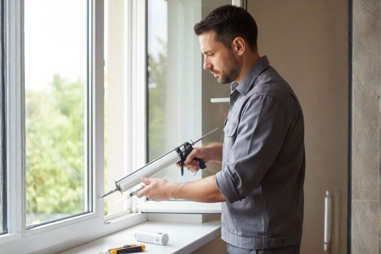 Professional handyman repairing and sealing a residential window to reduce drafts in a Katy home.