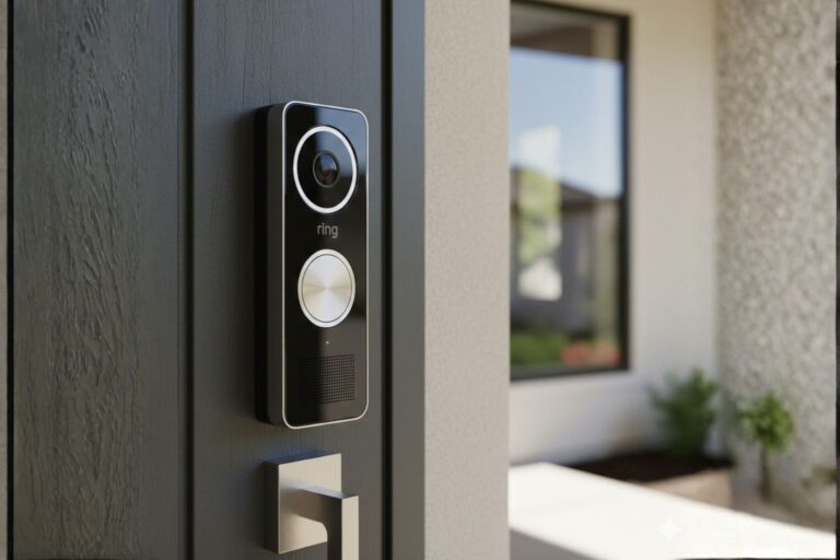 Smart doorbell installed on the front door of a residential home in Katy, Texas.