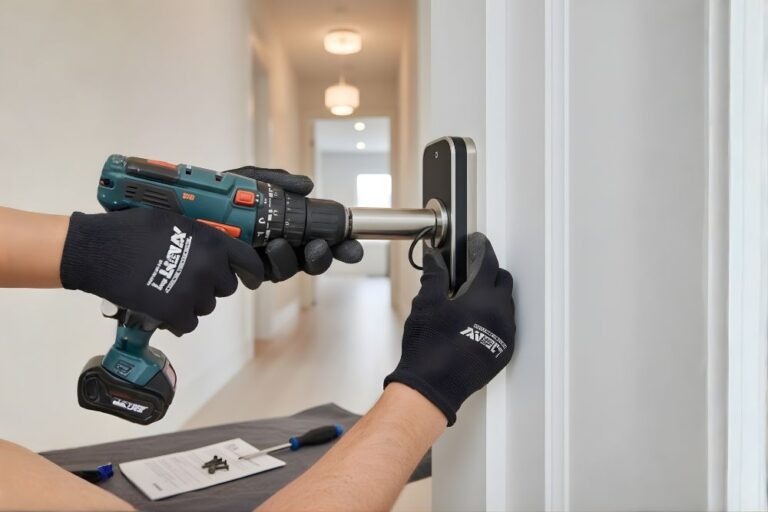 Smart Home Setup-Handyman installing a smart lock on a residential door in Katy, Texas.