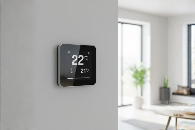 Smart Home Setup-Close-up of a smart thermostat installed on a wall in a Katy, Texas home.