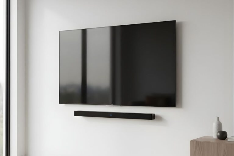 Mounting Services-Soundbar mounted below a flat-screen TV on a living room wall in a Katy, Texas home.