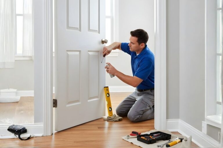 Interior door being repaired to fix squeaks and sticking in a Katy, Texas home.