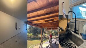A collage showing interior wall prep, patio construction, and a kitchen faucet installation for home repair services.