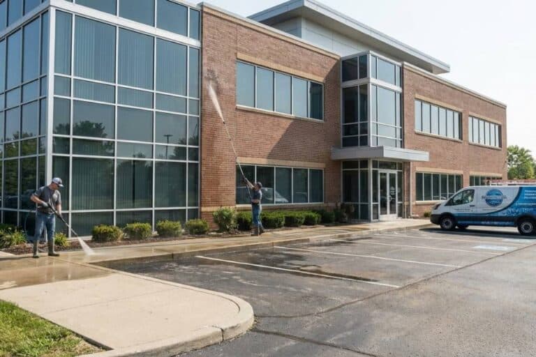 Two technicians pressure washing the brick exterior and sidewalk of a modern commercial office building.
