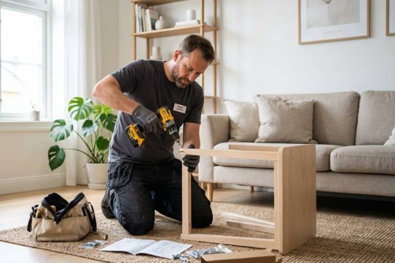 Handyman assembling a wooden coffee table in a living room using a cordless drill.