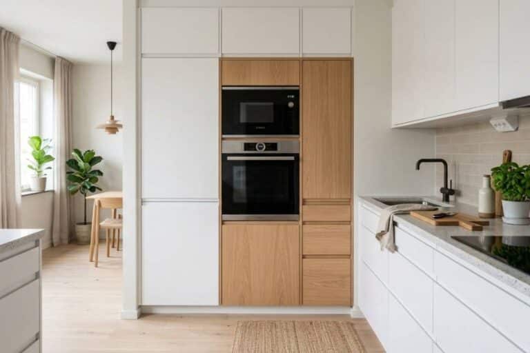 Integrated wall oven and microwave installed in custom white and wood cabinetry.