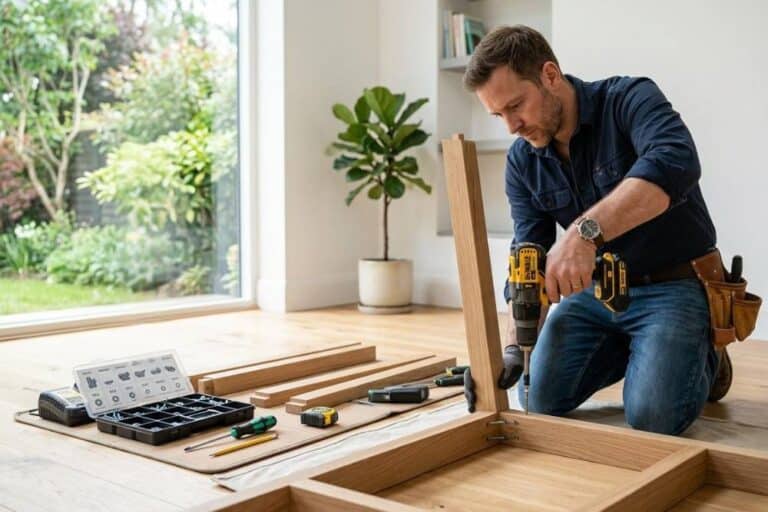 Handyman assembling a wooden dining table using a power drill in a modern living room.