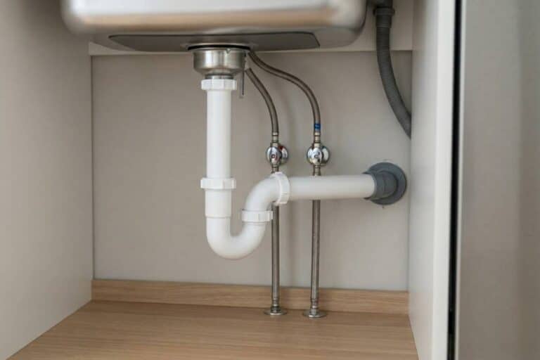 Close-up of newly installed white PVC drain pipes and water lines under a kitchen sink.