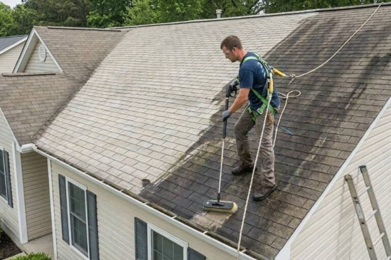 A technician wearing a safety harness cleaning dark algae stains off asphalt roof shingles.