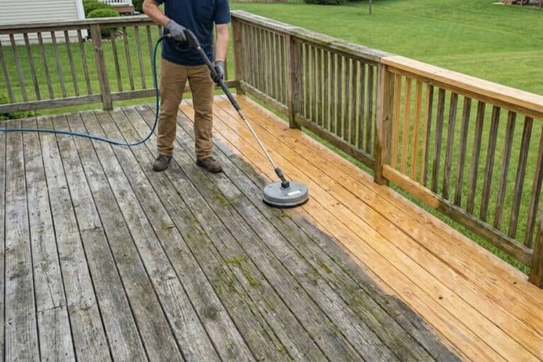 A close-up view of a person using a surface cleaner to pressure wash a dirty wooden deck, revealing clean wood.
